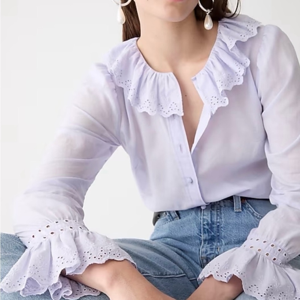 J. Crew Embroidered ruffle-collar top with eyelet detail, Size 2, Soft lilac